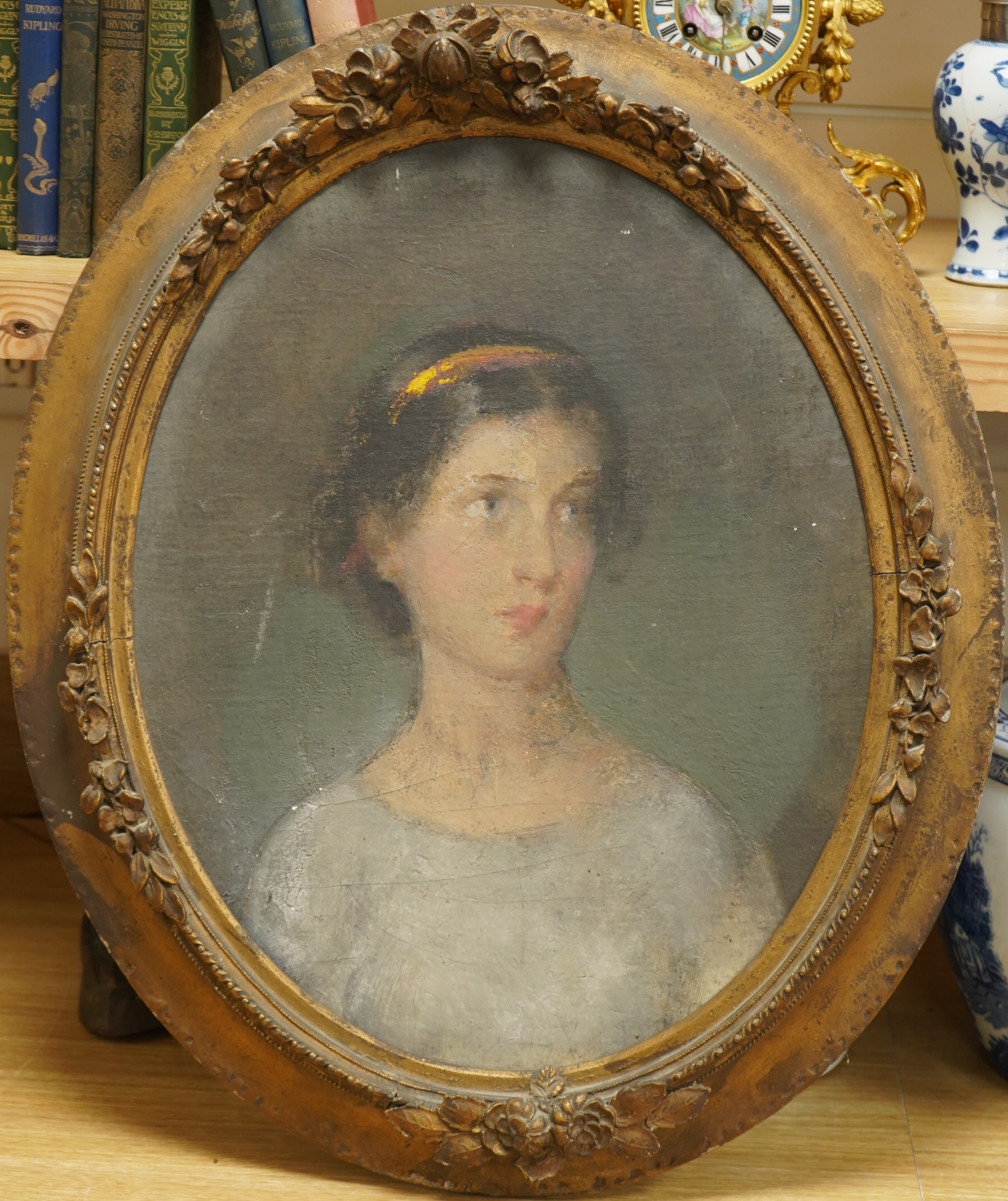 Henry John Lintott (1877-1965), Portrait of the artists wife, Audrey, unsigned, partial label and The Arts Council of Great Britain label verso, oval oil on board, 49 x 40cm, gilt framed